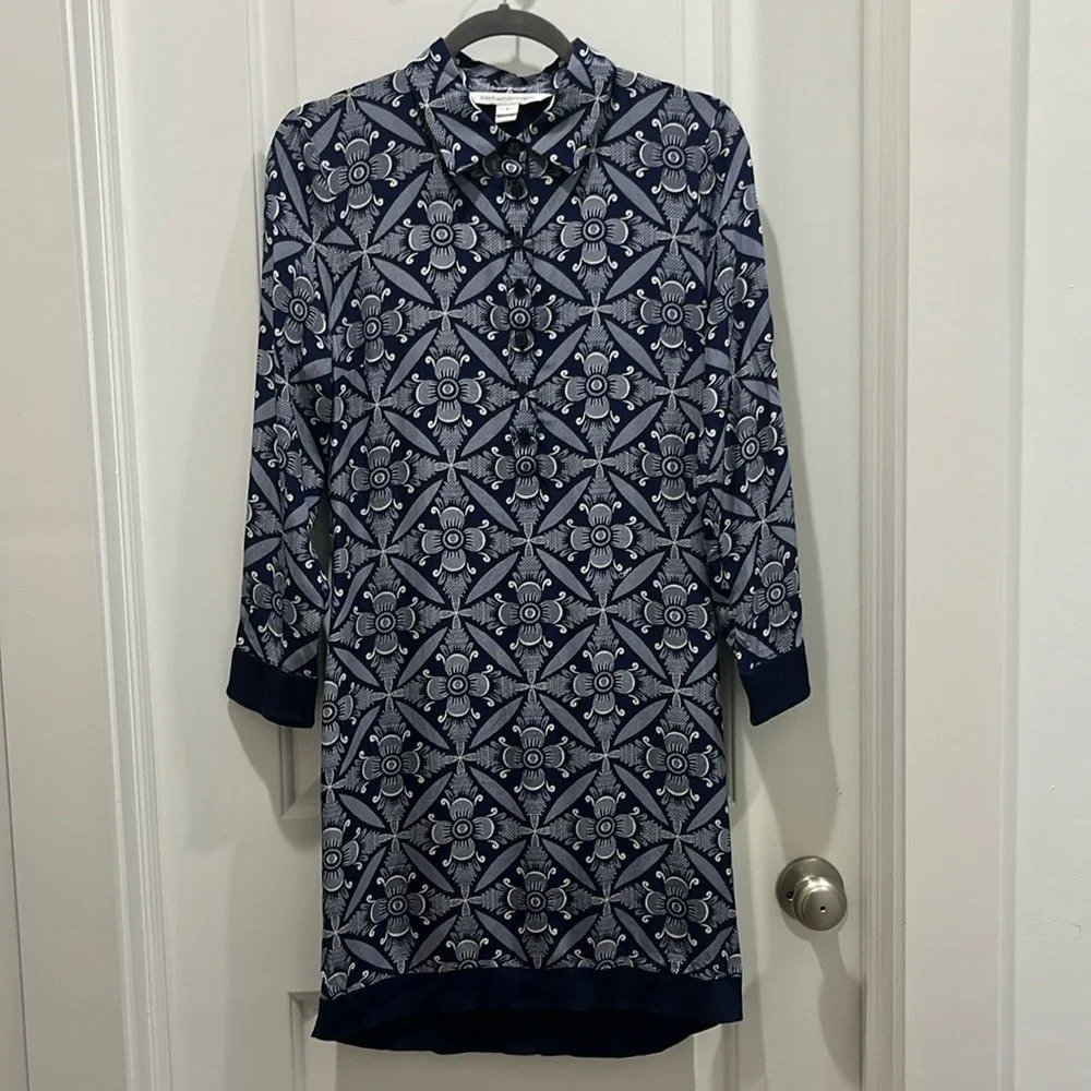 Diane Von Furstenburg Sorrel Navy & White Knit Silk Long Sleeve Shirt Dress Sz S